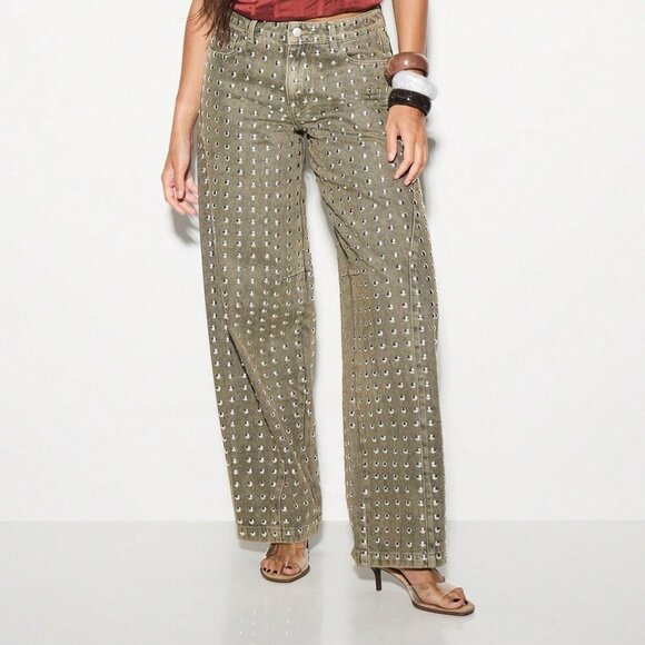 Women's Wide Leg Metallic Studded jean Bottoms Pants - Picture 5 of 5